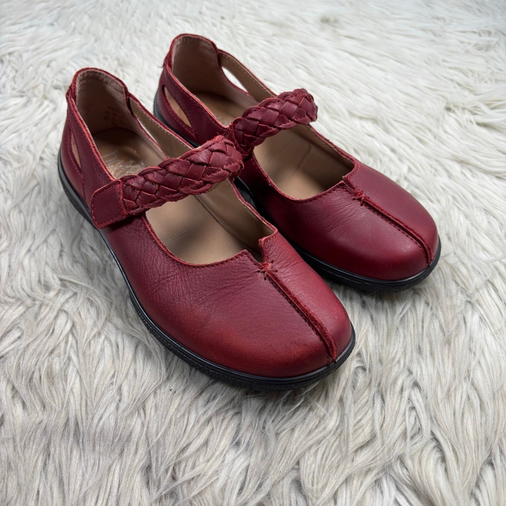 Hotter Women's 6.5 Red Leather Braided Mary Jane Flats Comfort Classic Feminine
